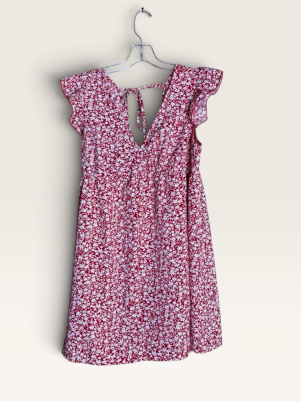 SHEIN Red White Ditsy Floral Dress L Flutter Sleeve Open Back Tie Cottagecore